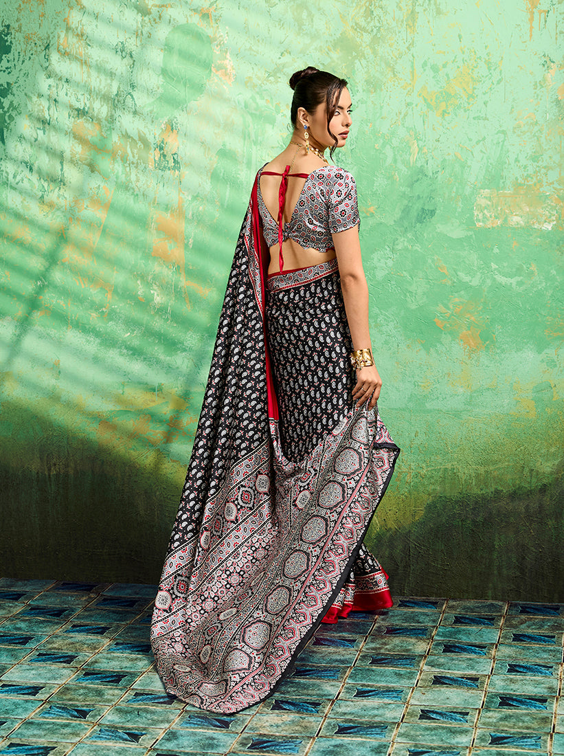 Monjolika Fashion Black Faux Satin Ajrakh Print Saree