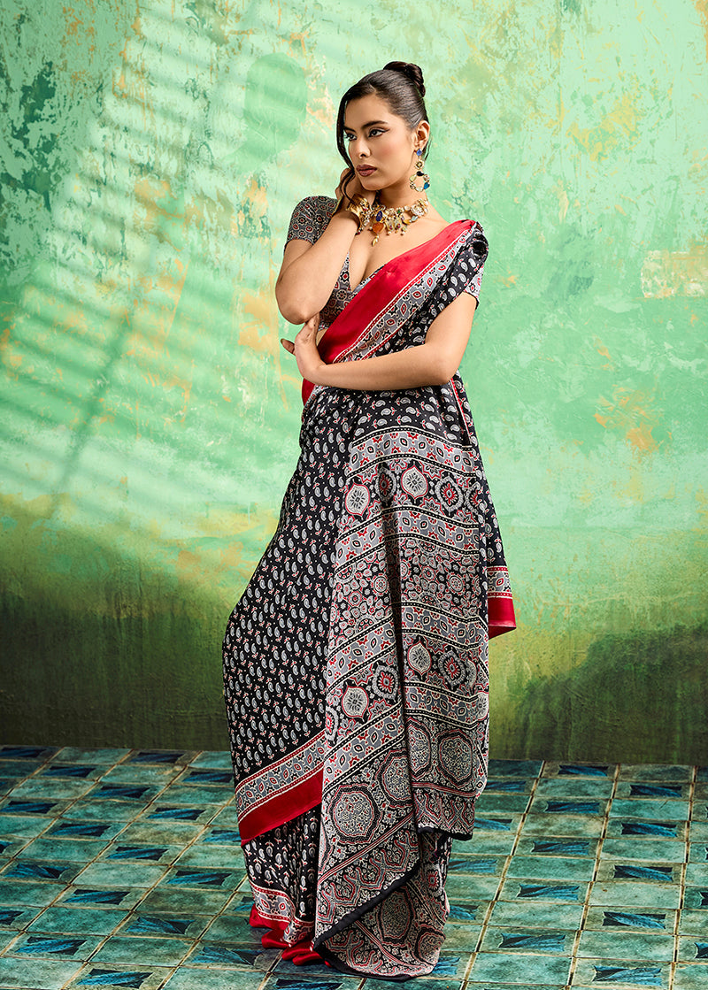 Monjolika Fashion Black Faux Satin Ajrakh Print Saree