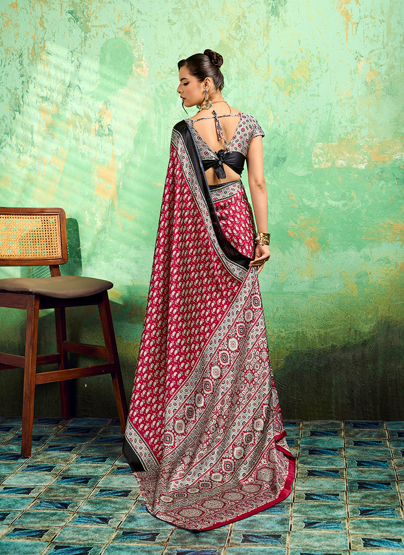 Monjolika Fashion Maroon Faux Satin Ajrakh Print Saree