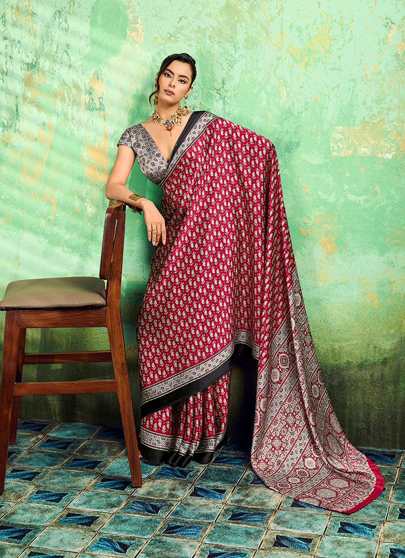 Monjolika Fashion Maroon Faux Satin Ajrakh Print Saree