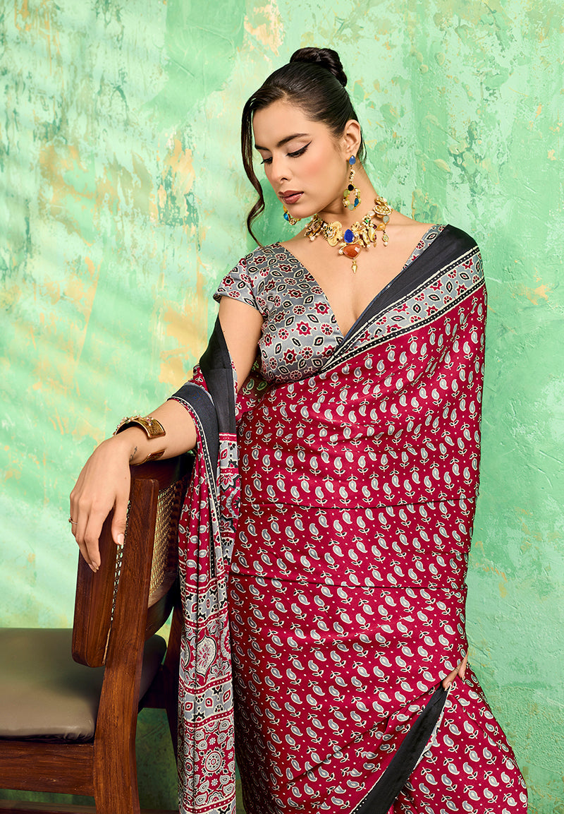 Monjolika Fashion Maroon Faux Satin Ajrakh Print Saree