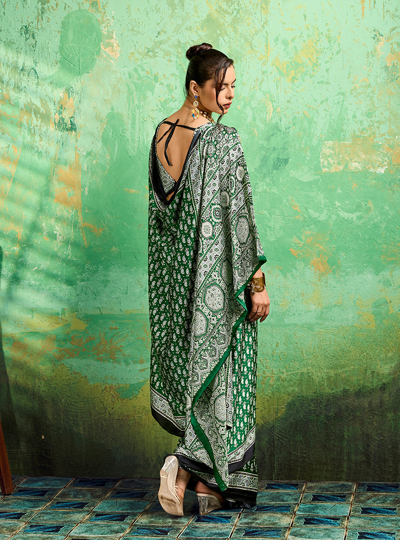 Monjolika Fashion Green Faux Satin Ajrakh Print Saree