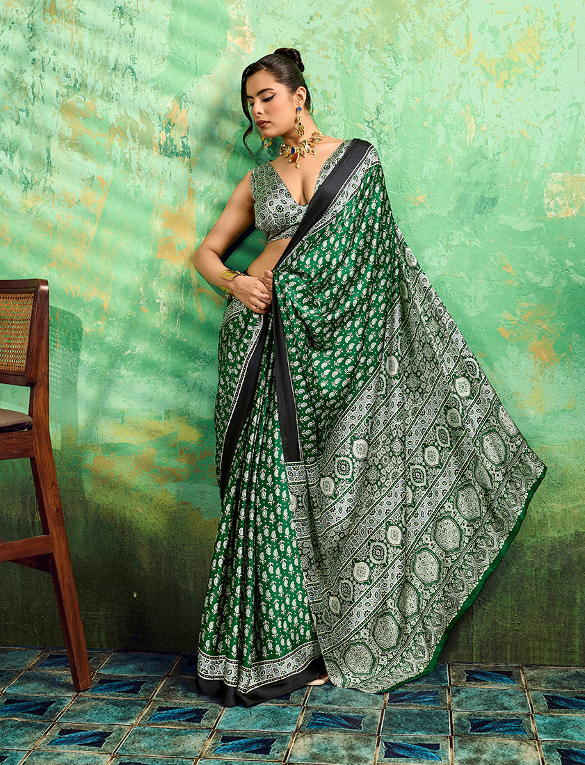 Monjolika Fashion Green Faux Satin Ajrakh Print Saree