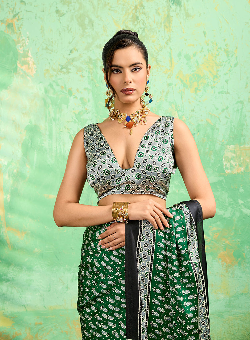 Monjolika Fashion Green Faux Satin Ajrakh Print Saree