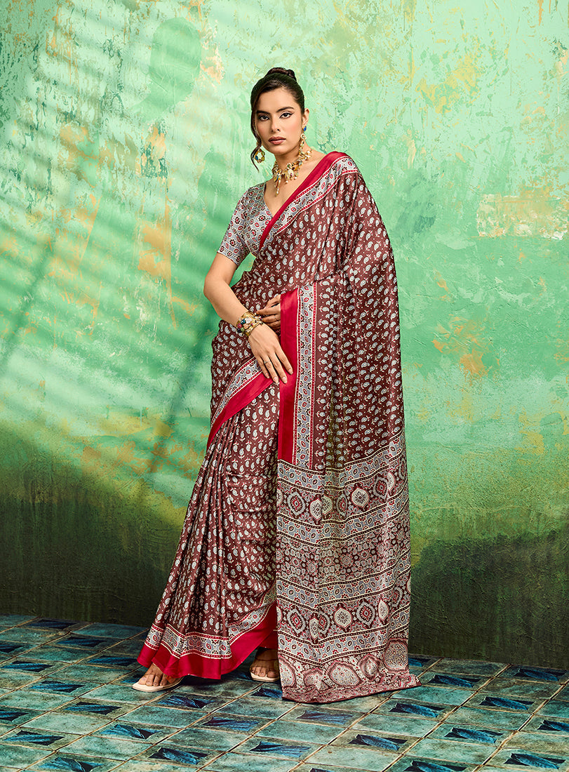 Monjolika Fashion Brown Faux Satin Ajrakh Print Saree