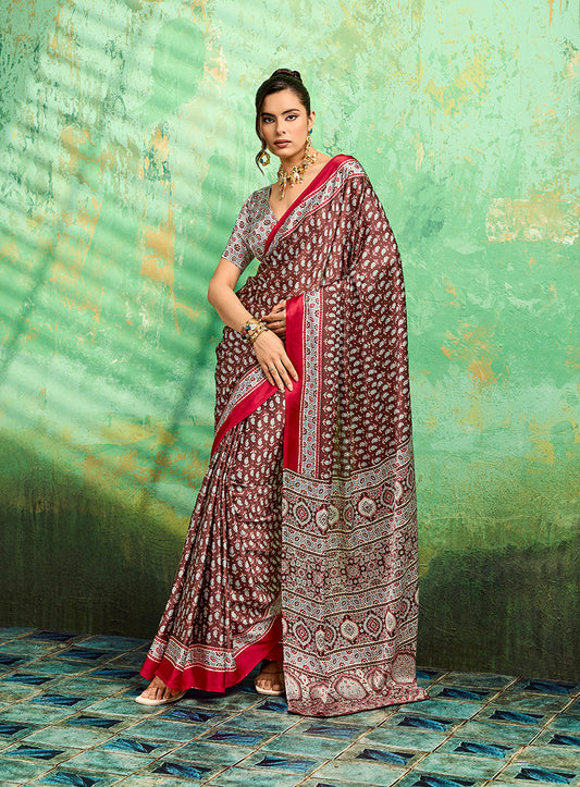Monjolika Fashion Brown Faux Satin Ajrakh Print Saree