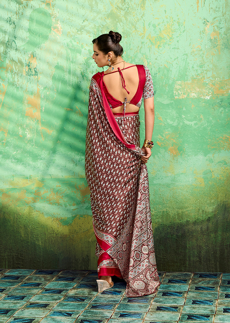 Monjolika Fashion Brown Faux Satin Ajrakh Print Saree