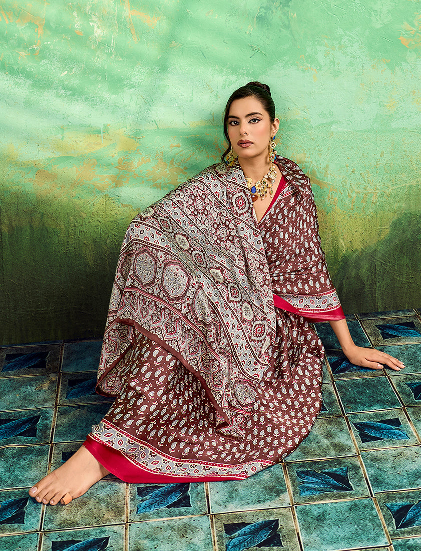 Monjolika Fashion Brown Faux Satin Ajrakh Print Saree