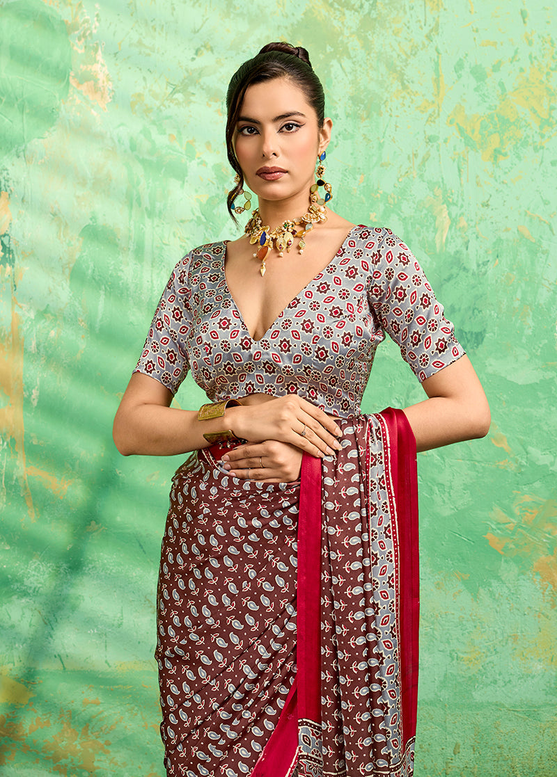 Monjolika Fashion Brown Faux Satin Ajrakh Print Saree