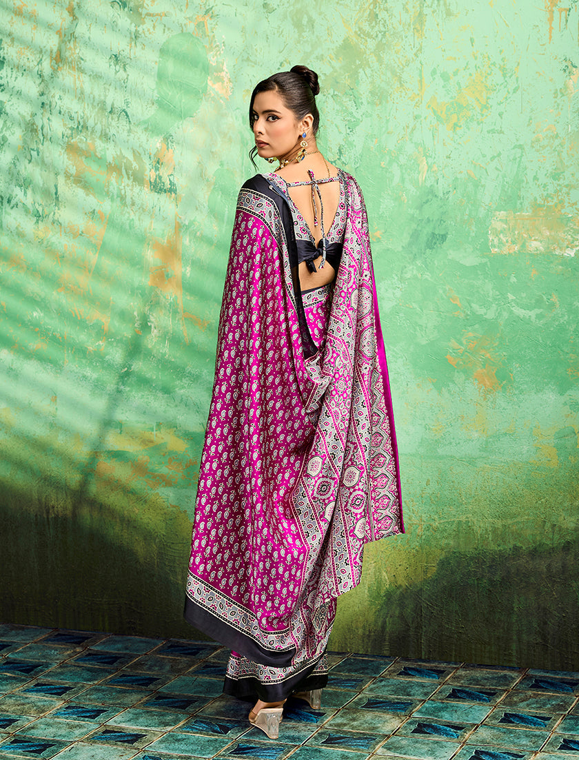 Monjolika Fashion Magenta Faux Satin Ajrakh Print Saree