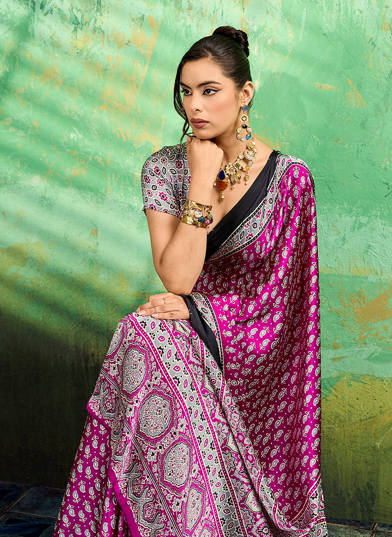 Monjolika Fashion Magenta Faux Satin Ajrakh Print Saree