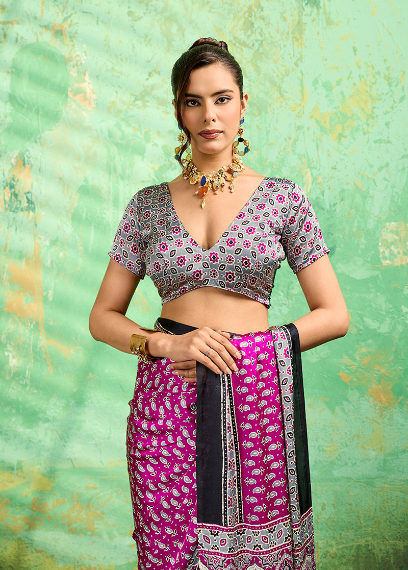 Monjolika Fashion Magenta Faux Satin Ajrakh Print Saree