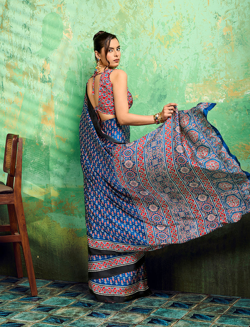 Monjolika Fashion Blue Faux Satin Ajrakh Print Saree