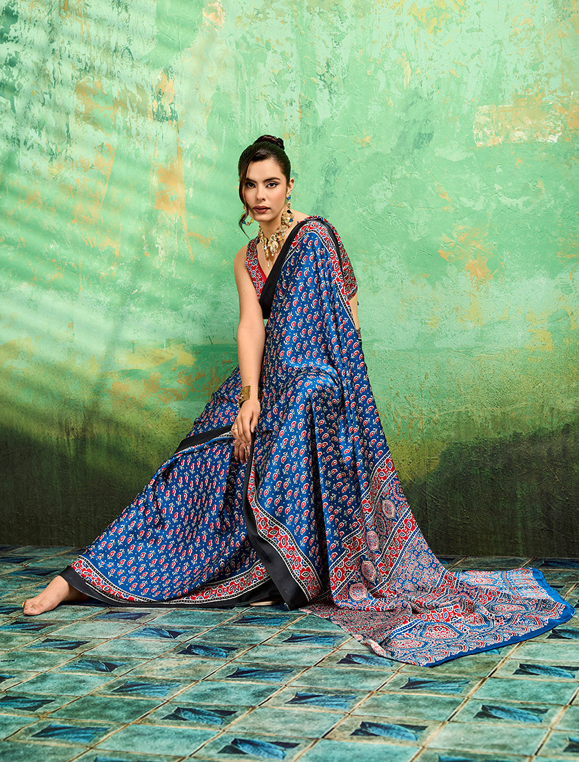 Monjolika Fashion Blue Faux Satin Ajrakh Print Saree