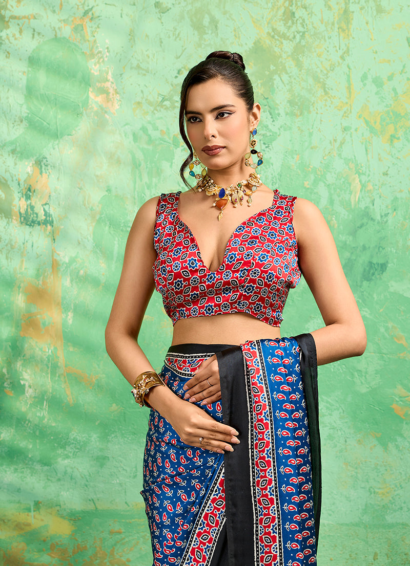 Monjolika Fashion Blue Faux Satin Ajrakh Print Saree