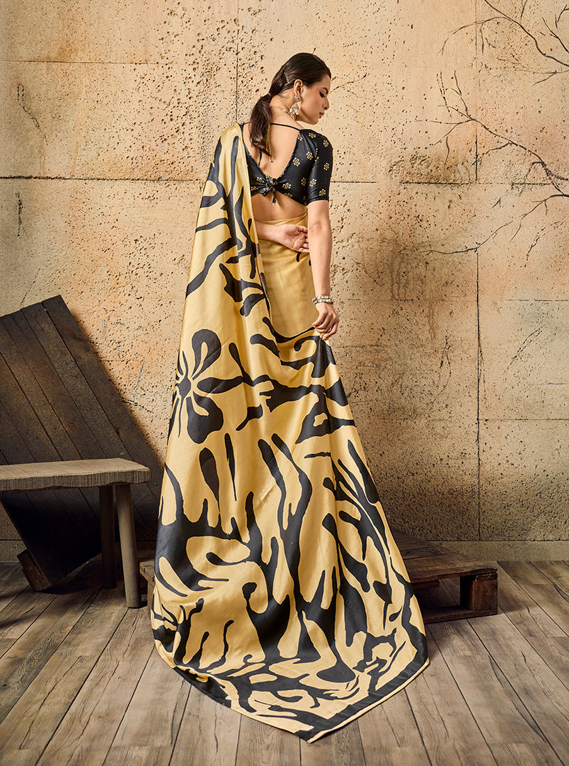 Monjolika Fashion Dark Cream Printed Faux Satin Silk Saree