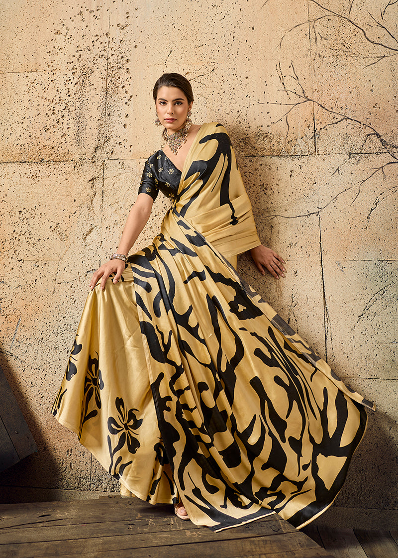Monjolika Fashion Dark Cream Printed Faux Satin Silk Saree