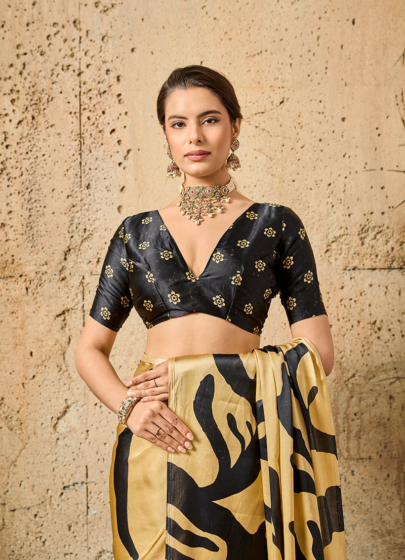 Monjolika Fashion Dark Cream Printed Faux Satin Silk Saree