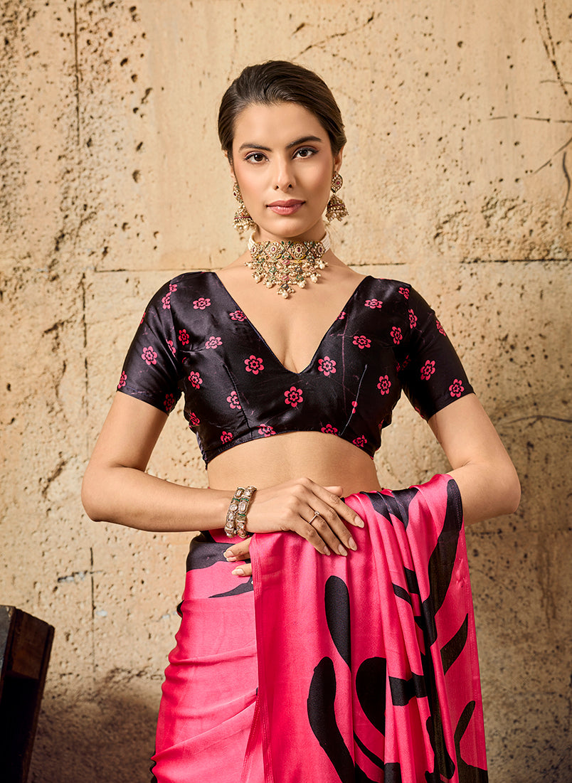 Monjolika Fashion Bright Pink Printed Faux Satin Silk Saree