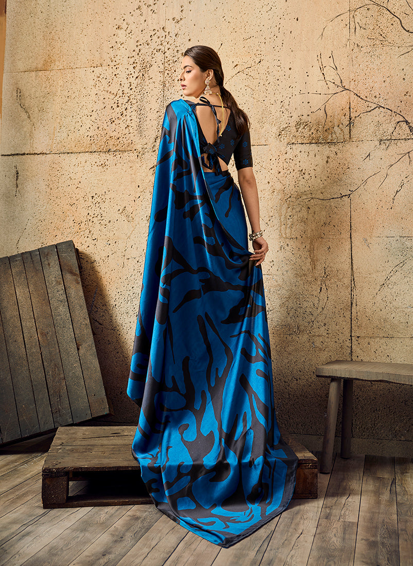 Monjolika Fashion Dark Blue Printed Faux Satin Silk Saree