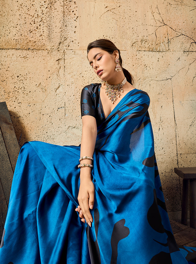 Monjolika Fashion Dark Blue Printed Faux Satin Silk Saree