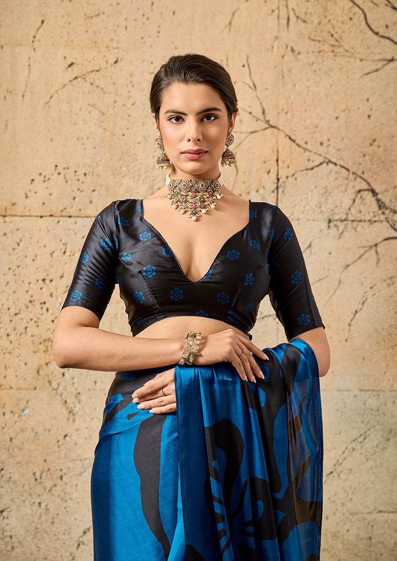 Monjolika Fashion Dark Blue Printed Faux Satin Silk Saree