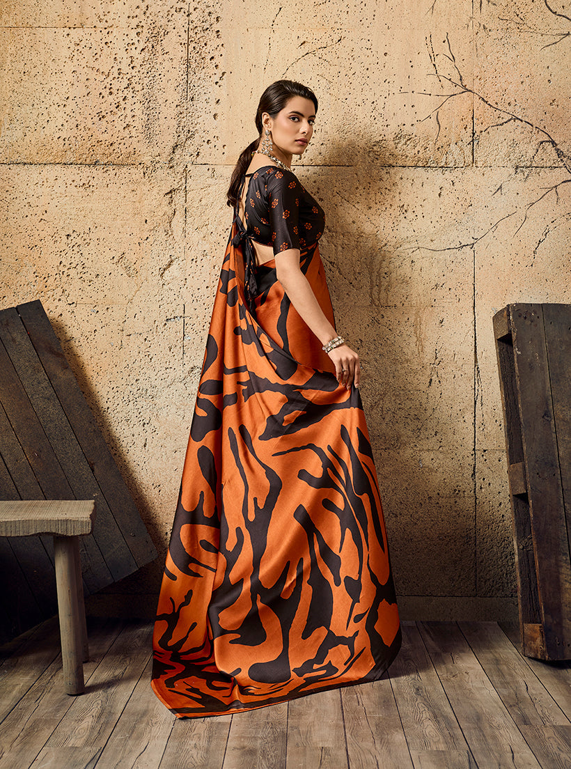 Monjolika Fashion Orange Printed Faux Satin Silk Saree