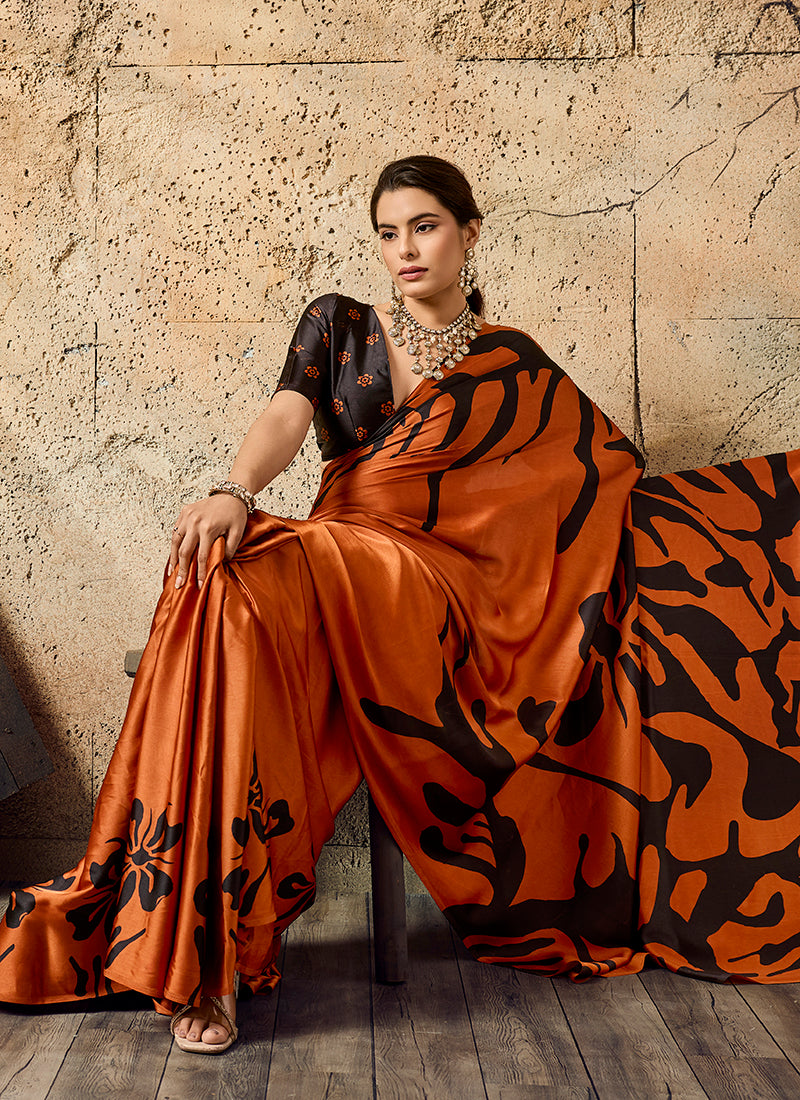 Monjolika Fashion Orange Printed Faux Satin Silk Saree