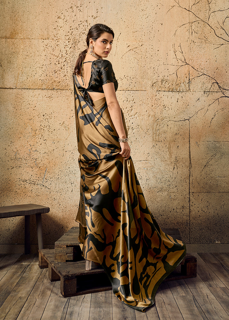 Monjolika Fashion Brown Printed Faux Satin Silk Saree