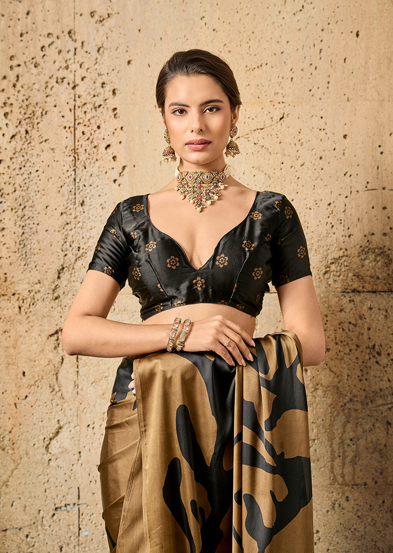 Monjolika Fashion Brown Printed Faux Satin Silk Saree