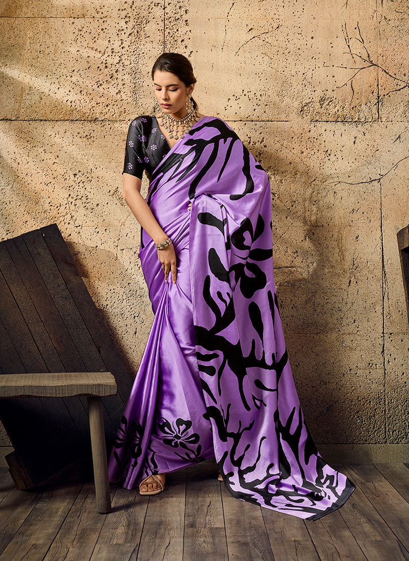 Monjolika Fashion Lavender Printed Faux Satin Silk Saree