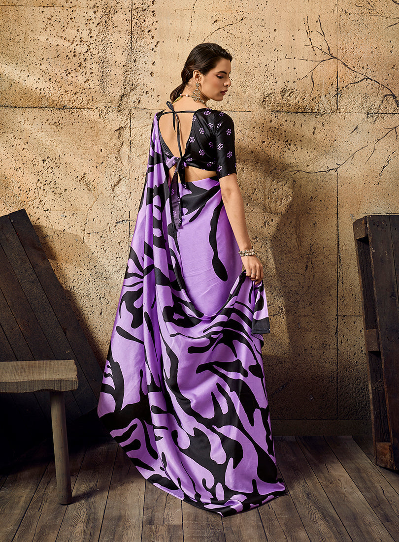 Monjolika Fashion Lavender Printed Faux Satin Silk Saree