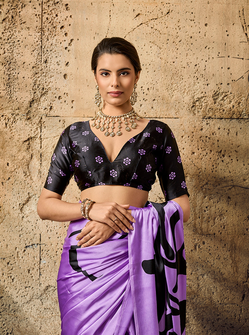 Monjolika Fashion Lavender Printed Faux Satin Silk Saree