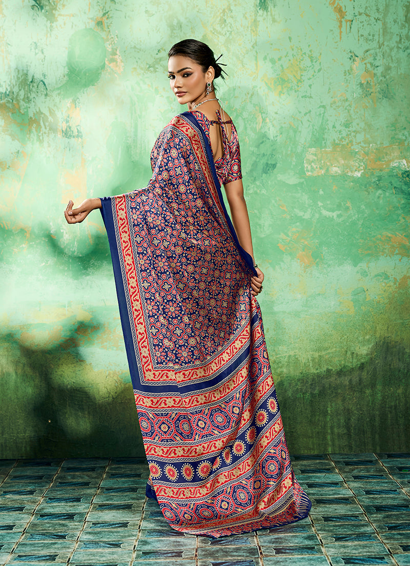 Monjolika Fashion Ajrakh Navy Blue Faux Satin Printed Saree