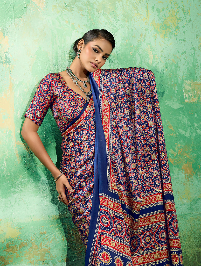 Monjolika Fashion Ajrakh Navy Blue Faux Satin Printed Saree