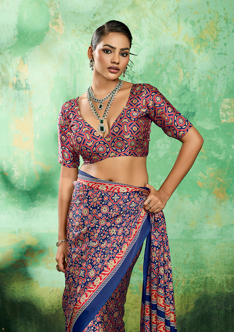 Monjolika Fashion Ajrakh Navy Blue Faux Satin Printed Saree