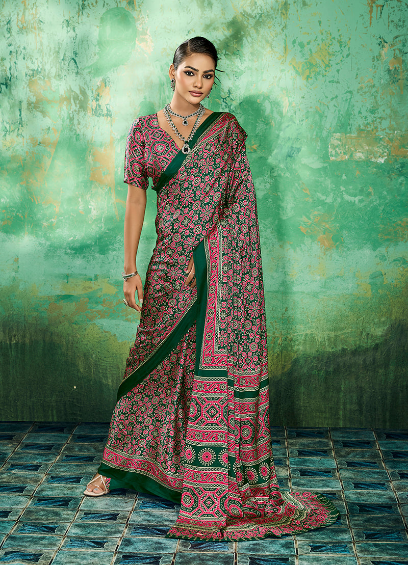 Monjolika Fashion Ajrakh Green Faux Satin Printed Saree