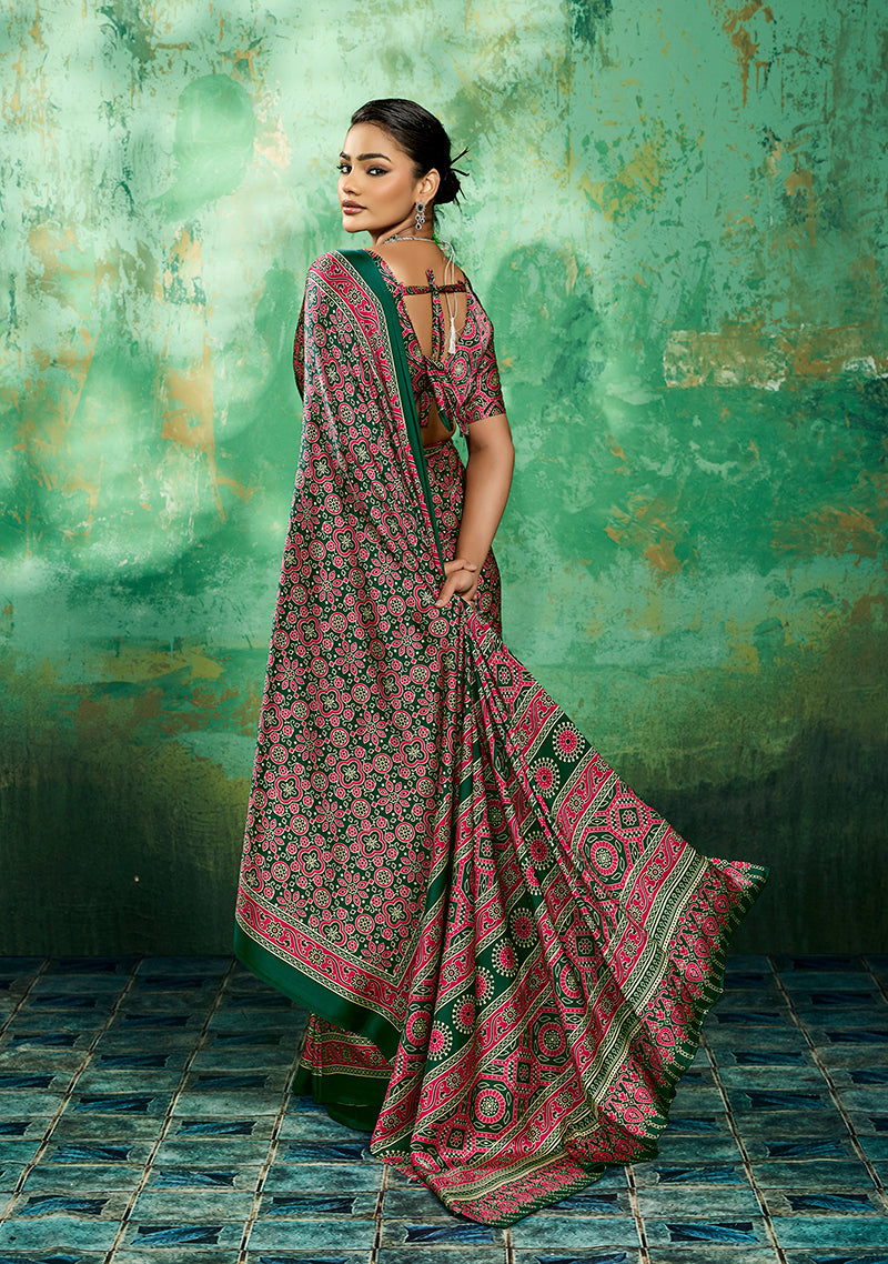 Monjolika Fashion Ajrakh Green Faux Satin Printed Saree