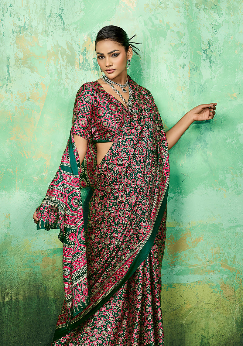 Monjolika Fashion Ajrakh Green Faux Satin Printed Saree