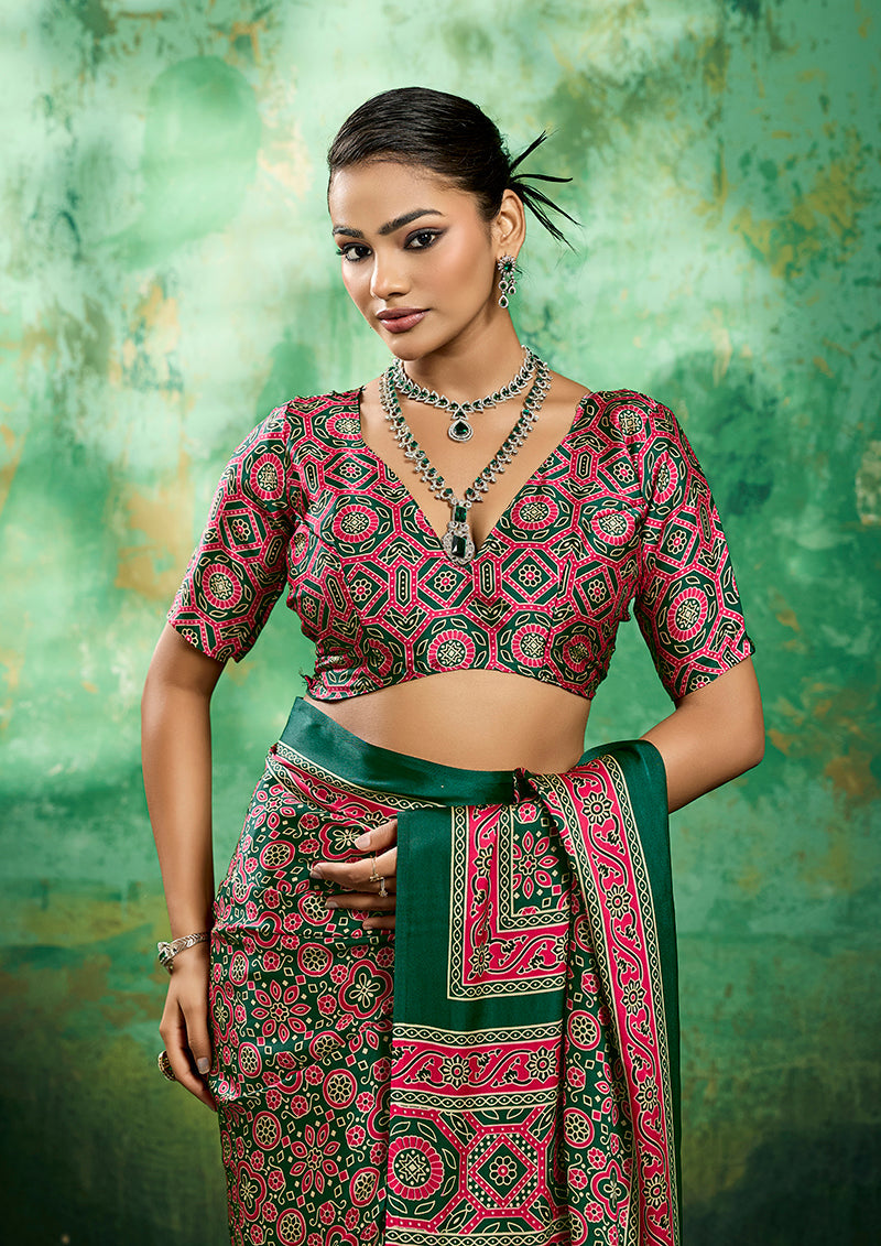 Monjolika Fashion Ajrakh Green Faux Satin Printed Saree