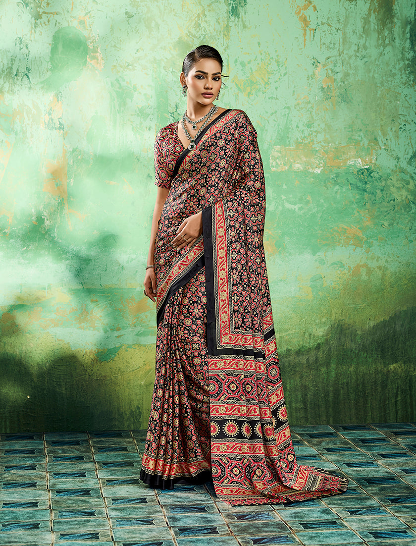 Monjolika Fashion Ajrakh Black Faux Satin Printed Saree