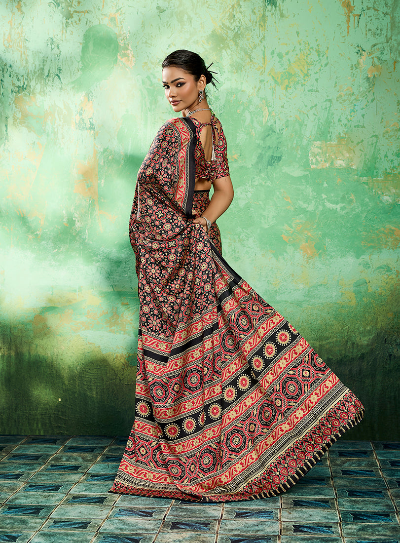 Monjolika Fashion Ajrakh Black Faux Satin Printed Saree