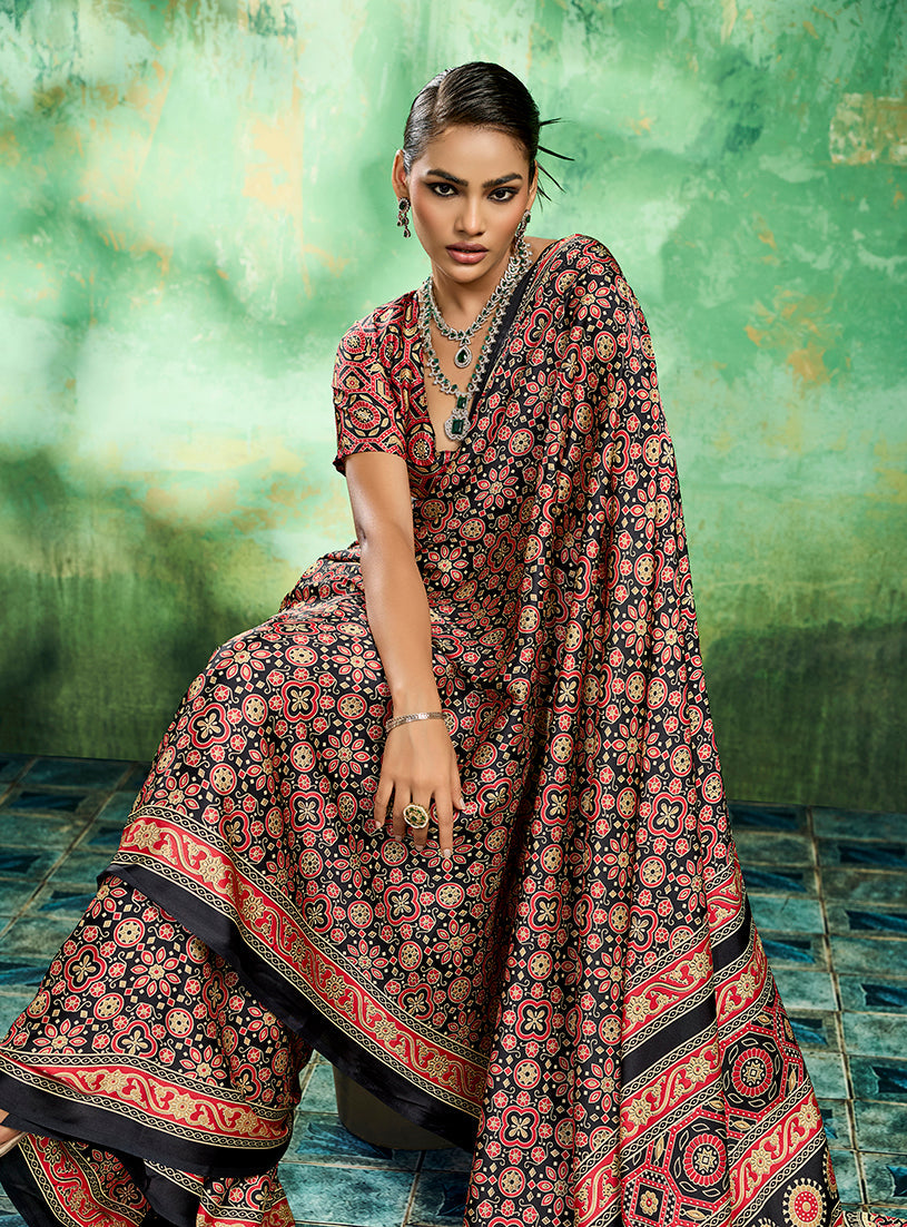 Monjolika Fashion Ajrakh Black Faux Satin Printed Saree