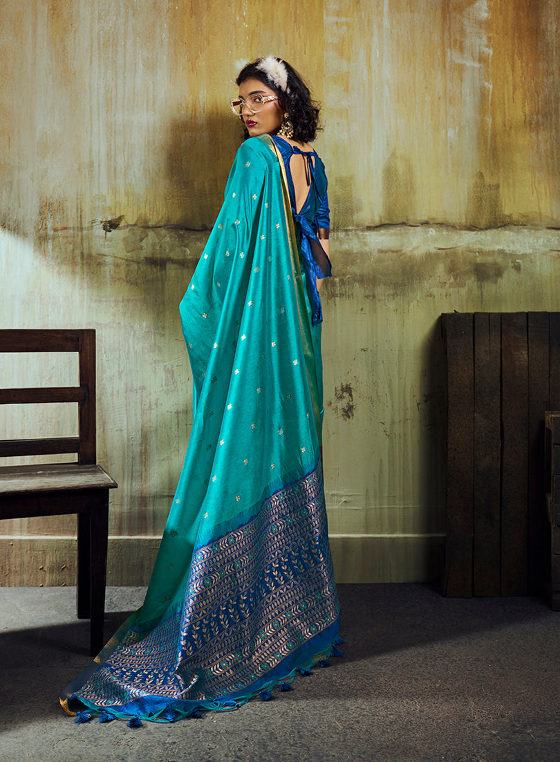 Monjolika Fashion Aqua Blue Weaving Faux Tussar Silk Saree With Zari Woven Pallu
