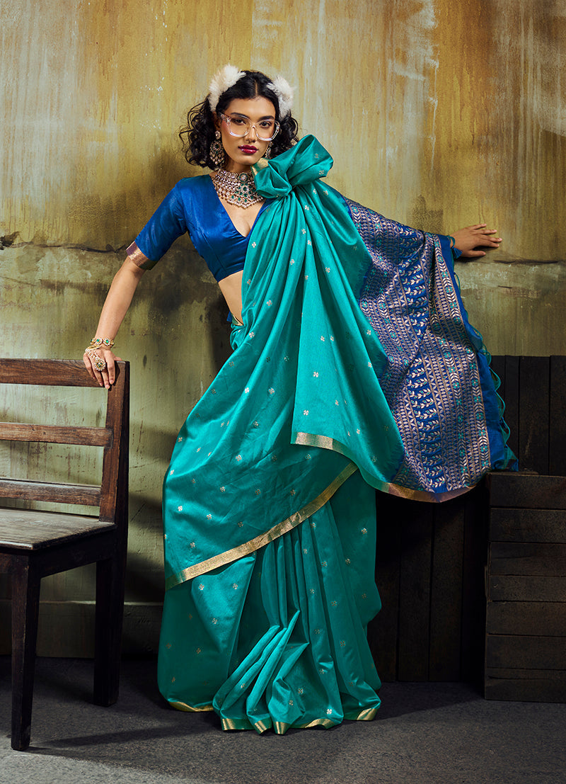 Monjolika Fashion Aqua Blue Weaving Faux Tussar Silk Saree With Zari Woven Pallu