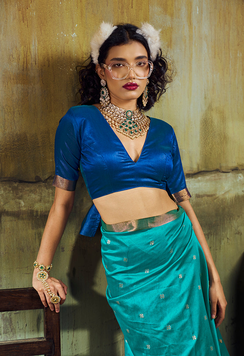 Monjolika Fashion Aqua Blue Weaving Faux Tussar Silk Saree With Zari Woven Pallu