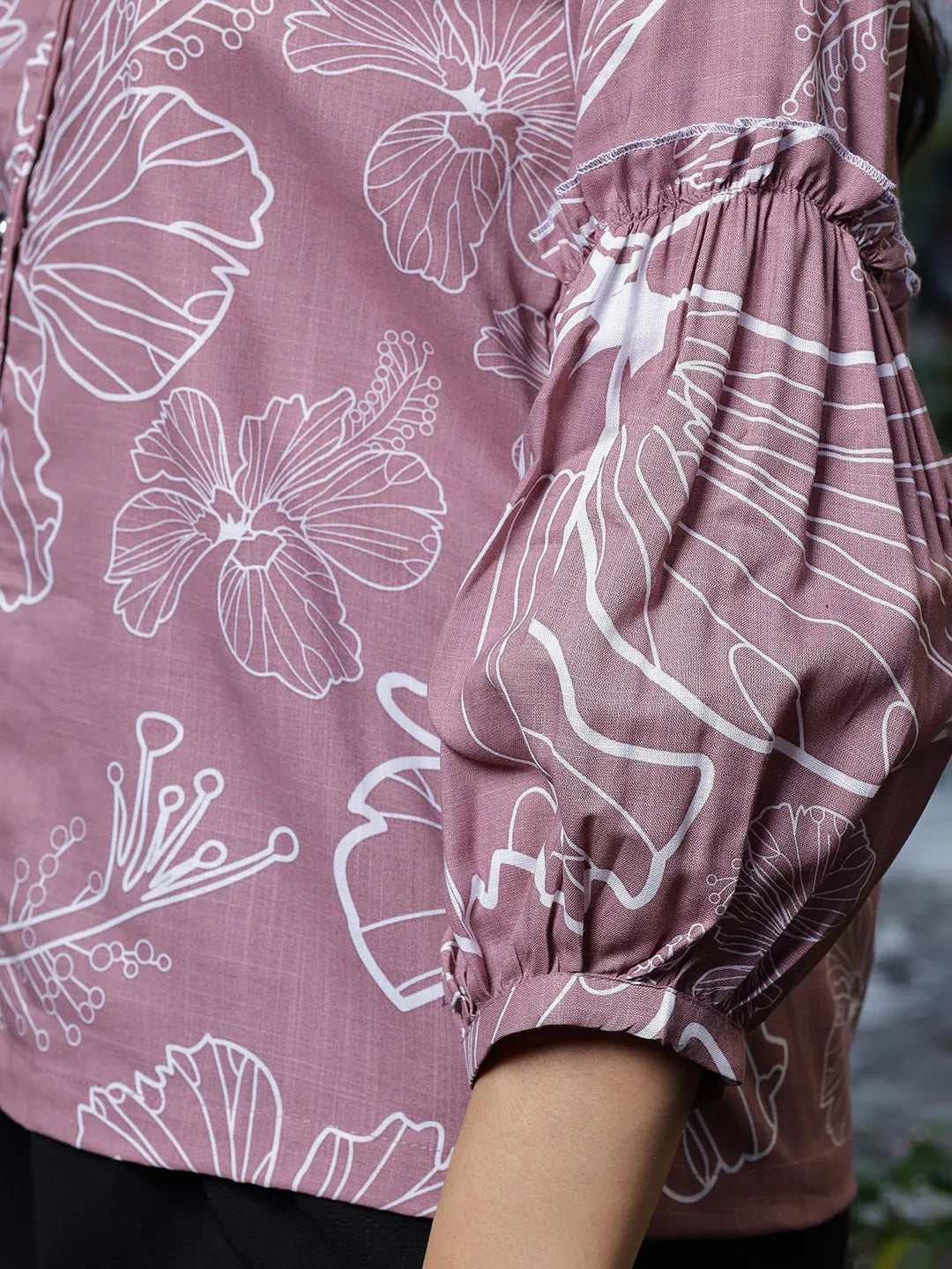 Yufta Mauve Cotton Linen Puff Sleeve Shirt Shirt Style Top  Grab2Buy Yufta Grab2Buy
