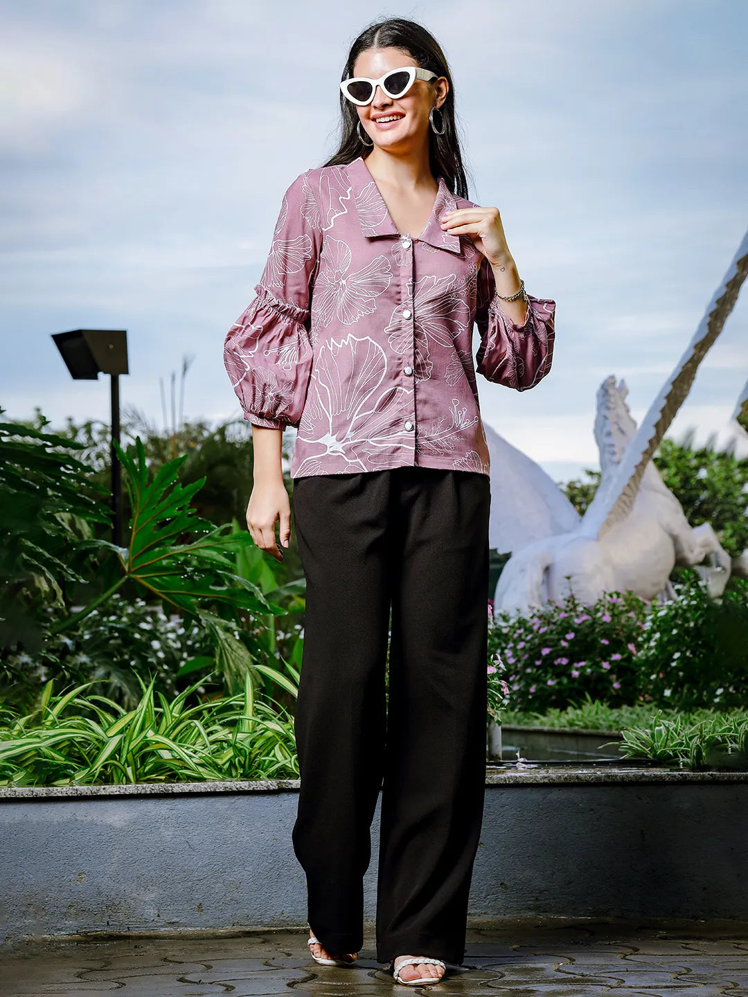Yufta Mauve Cotton Linen Puff Sleeve Shirt Shirt Style Top  Grab2Buy Yufta Grab2Buy