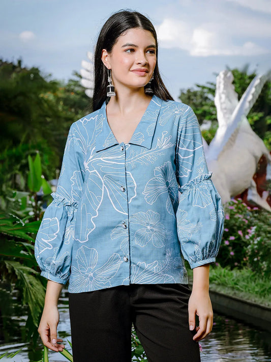 Yufta Sky Blue Cotton Linen Puff Sleeve Shirt Style Top  Grab2Buy Yufta Grab2Buy