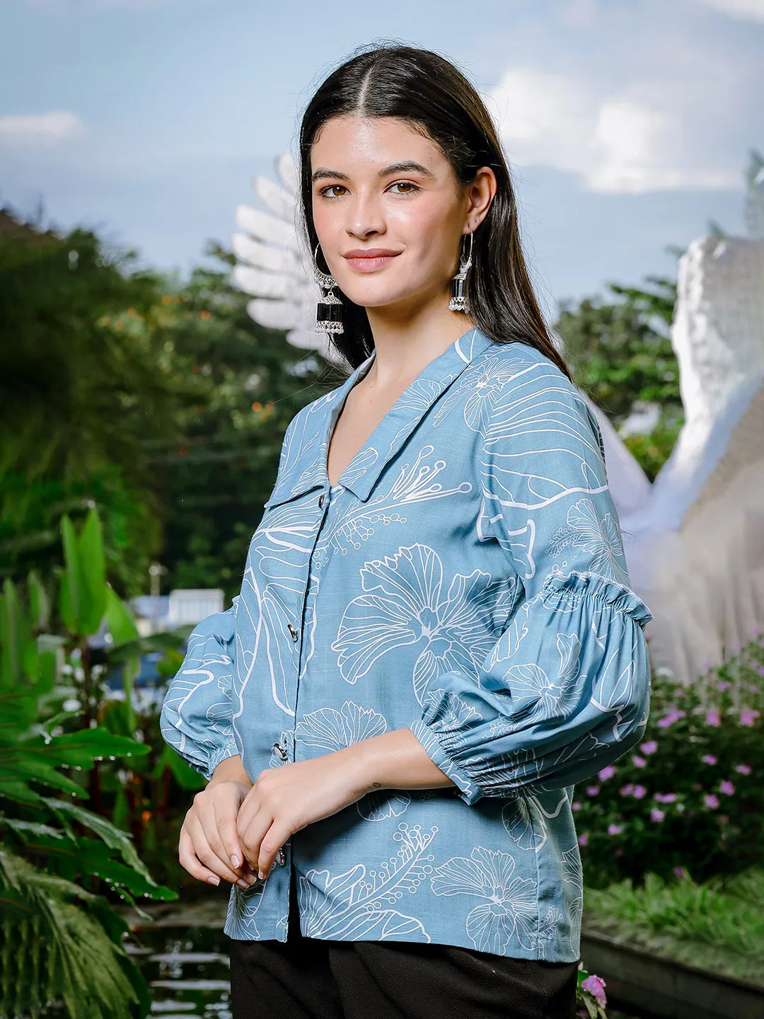 Yufta Sky Blue Cotton Linen Puff Sleeve Shirt Style Top  Grab2Buy Yufta Grab2Buy
